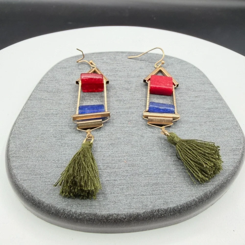 Gold Tone Red Blue Stone Olive Green Tassel Boho Geometric Dangle Earrings
